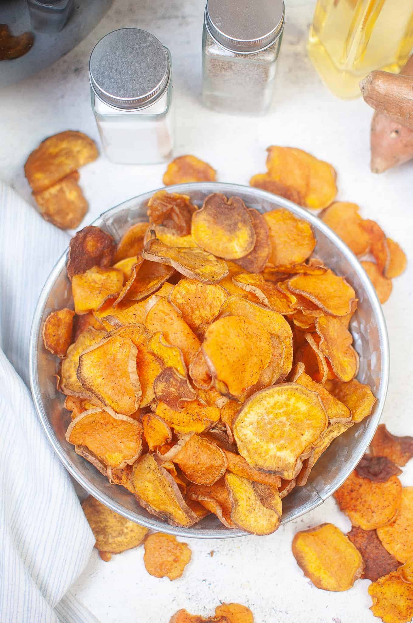 Overhead view of sweet potato chips.