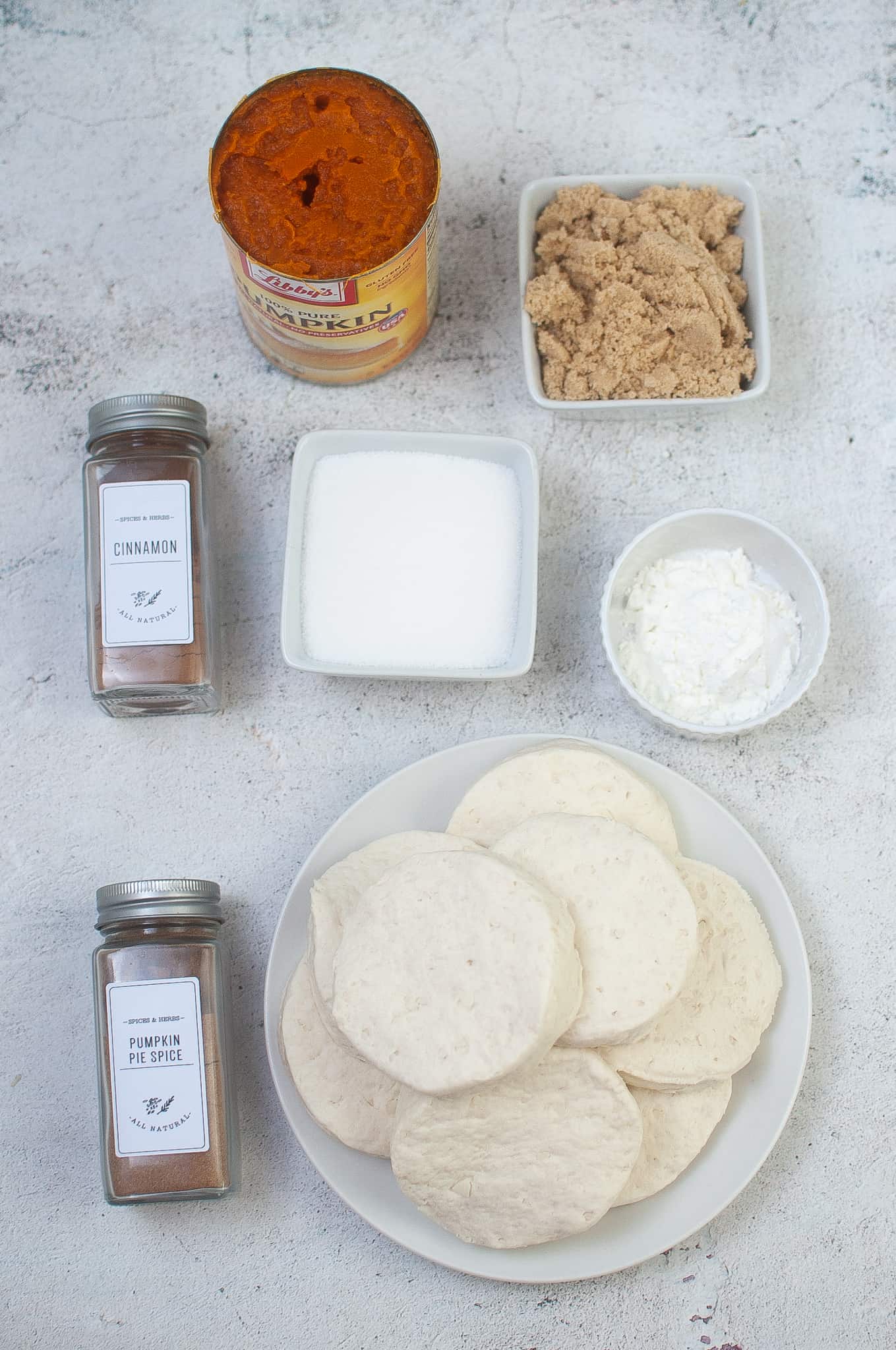 Overhead view of ingredients to make pumpkin pie bombs.