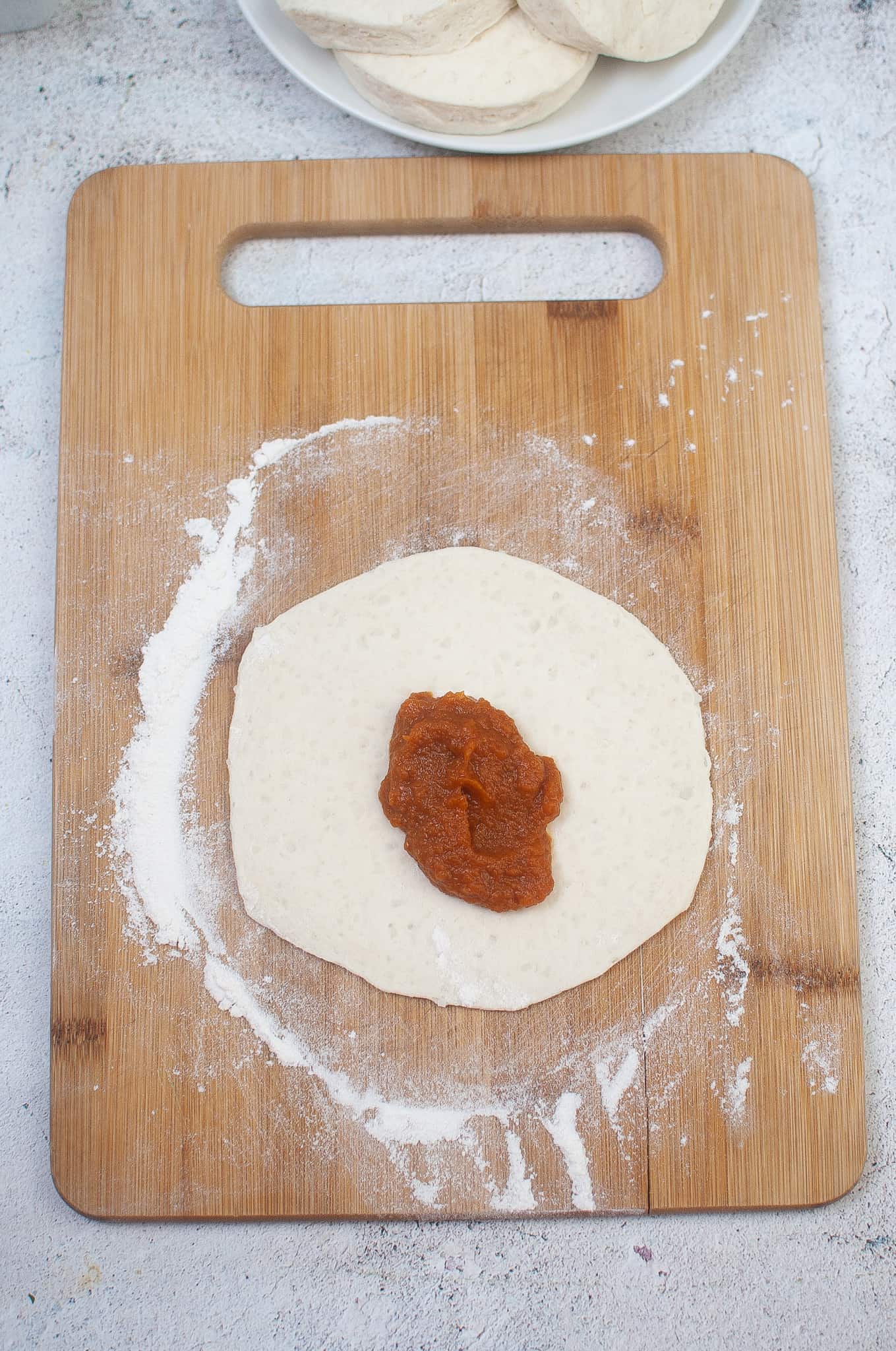 Pumpkin pie filling in biscuit dough.