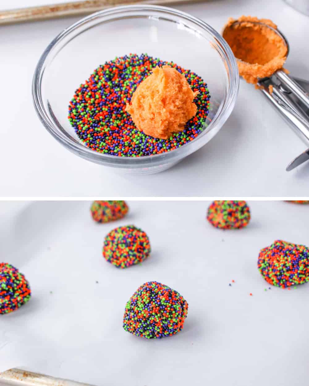 Rolling orange cookie dough in colorful sprinkles than placing it on baking sheet lined with parchment paper.