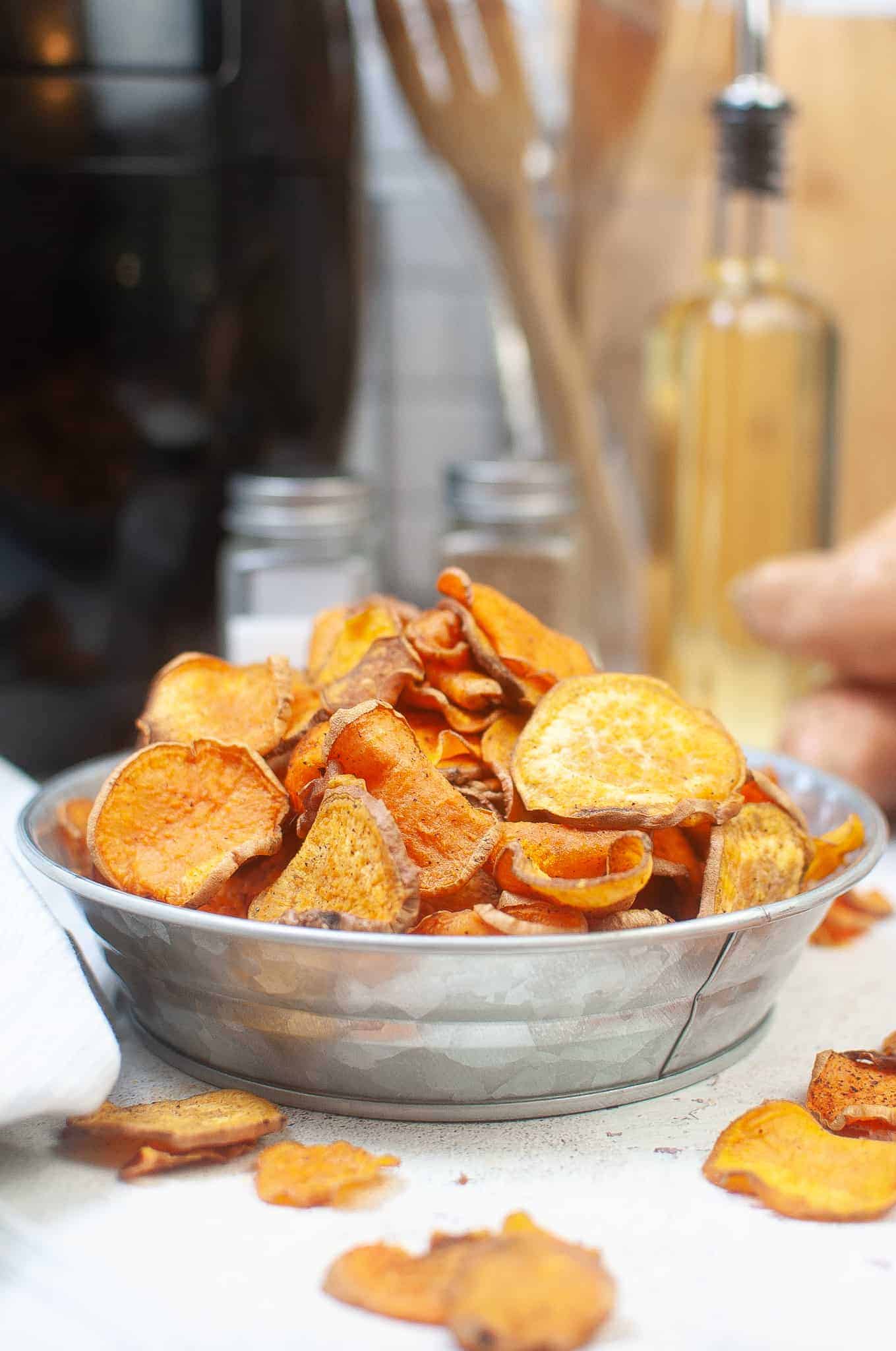 Air Fryer Sweet Potato Chips in tin dish.