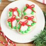Overhead photo of Christmas Wreath Cookies on a white plate.