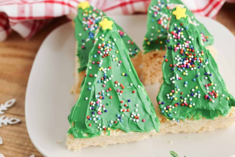 Closeup of Christmas Tree Rice Krispies Treats.