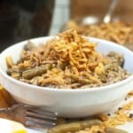 Fried onions on top of green bean casserole.