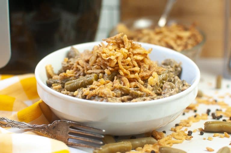 Fried onions on top of green bean casserole.
