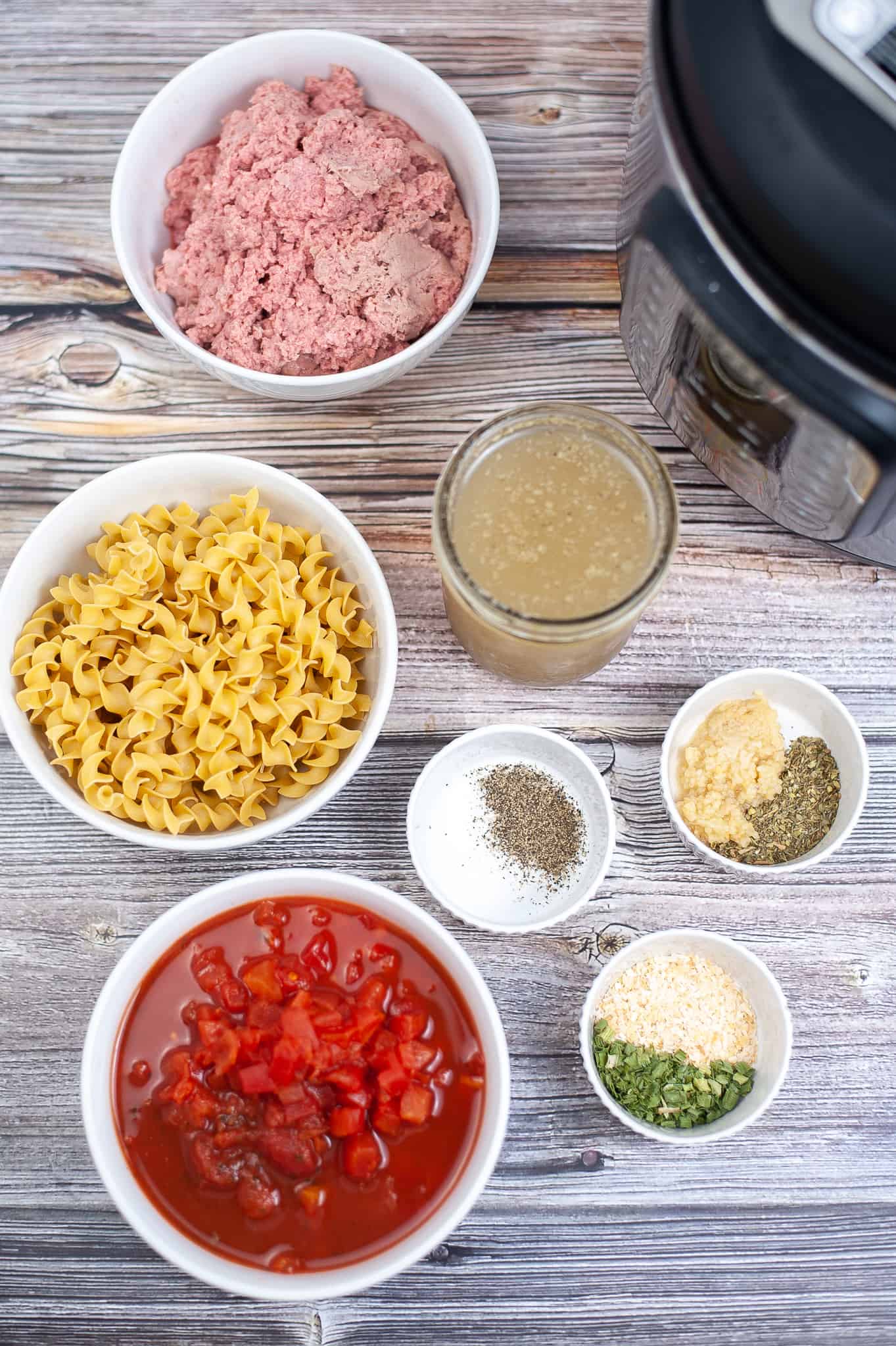Overhead photo of ingredients for goulash. 