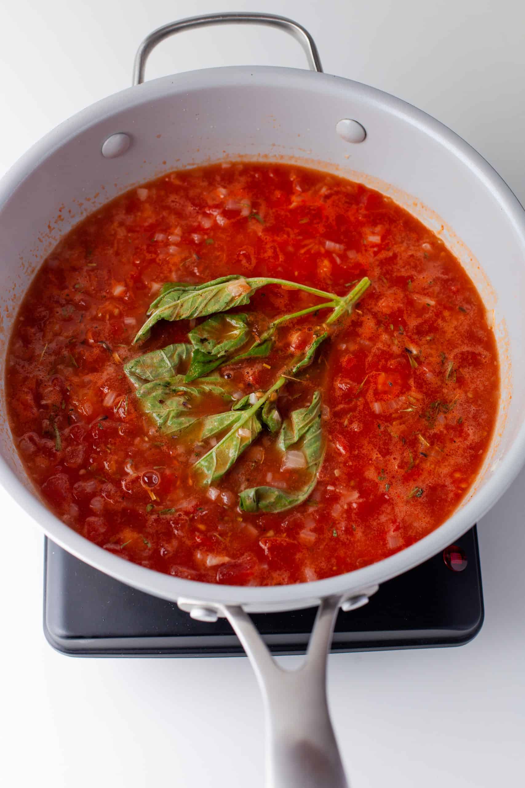 Homemade marinara sauce with a basil sprig in it.