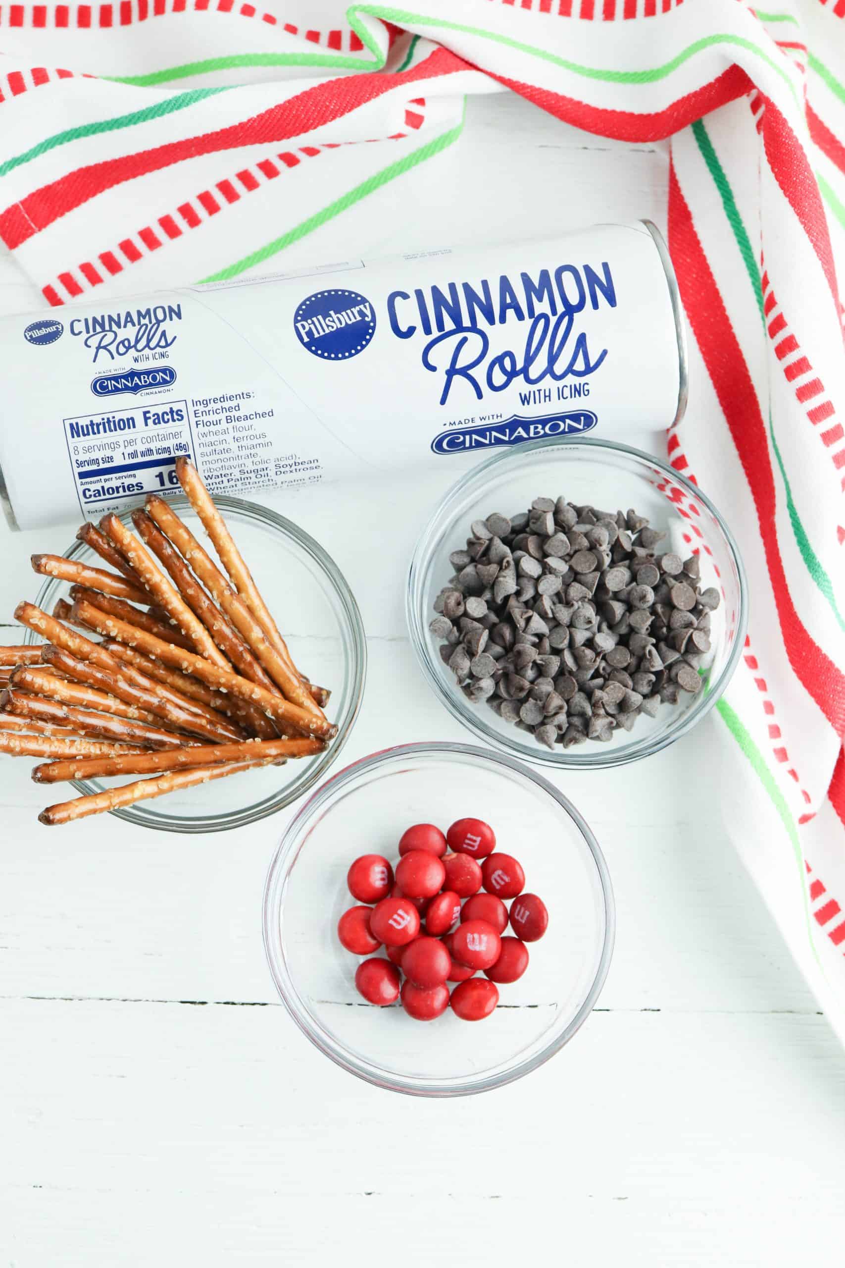 Ingredients for Snowman Cinnamon rolls.