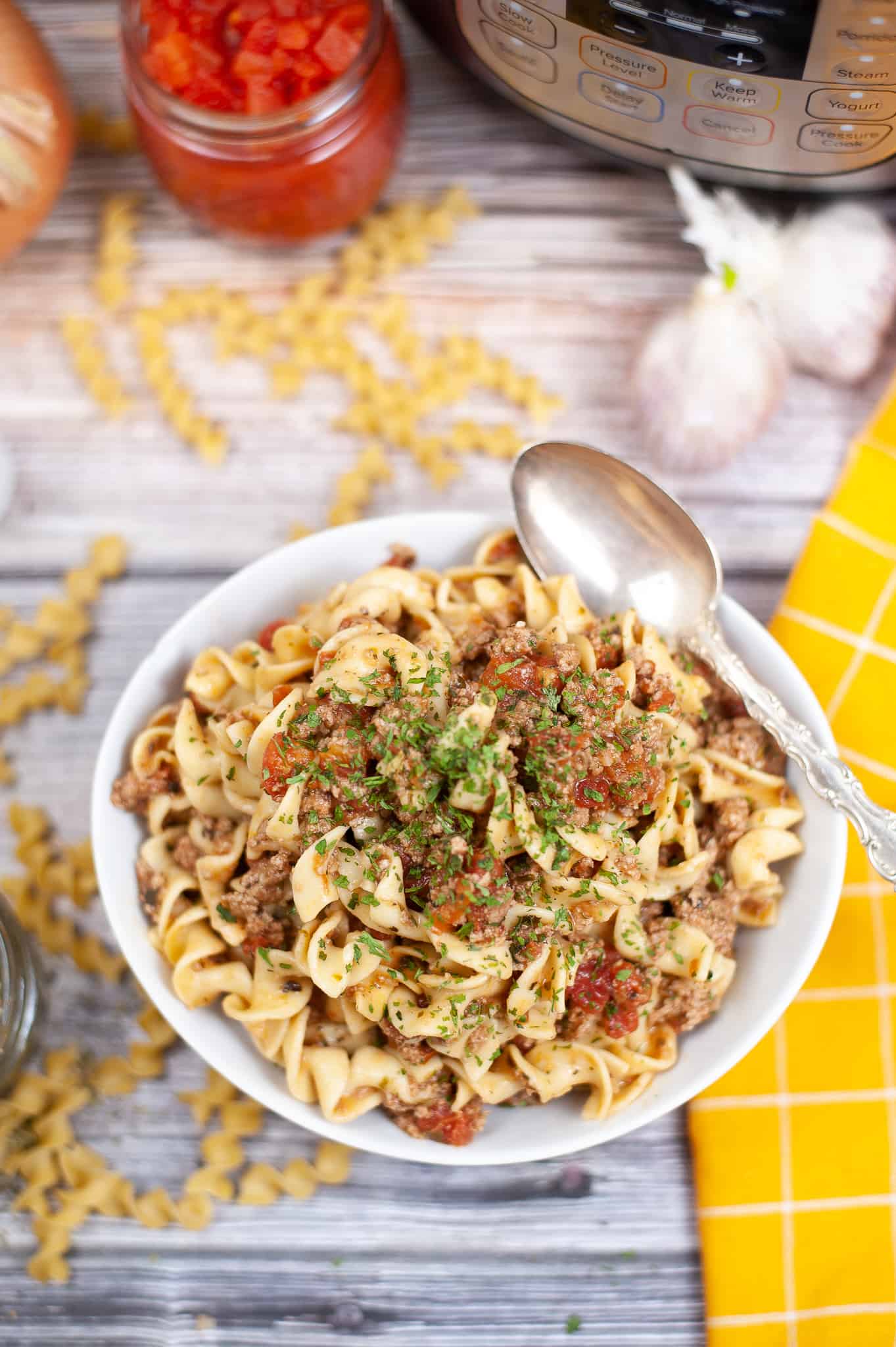 Overhead view of Instant Pot Goulash in a white bowl.