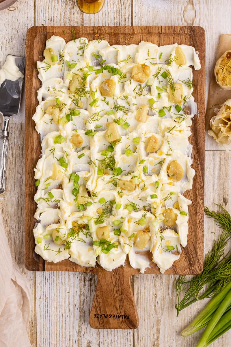 Overhead view of Butter Board with Garlic & Honey.