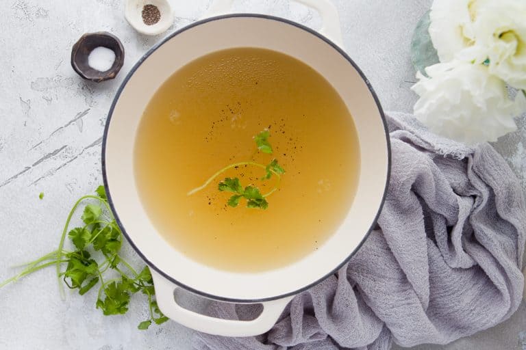 Overhead view of chicken broth.