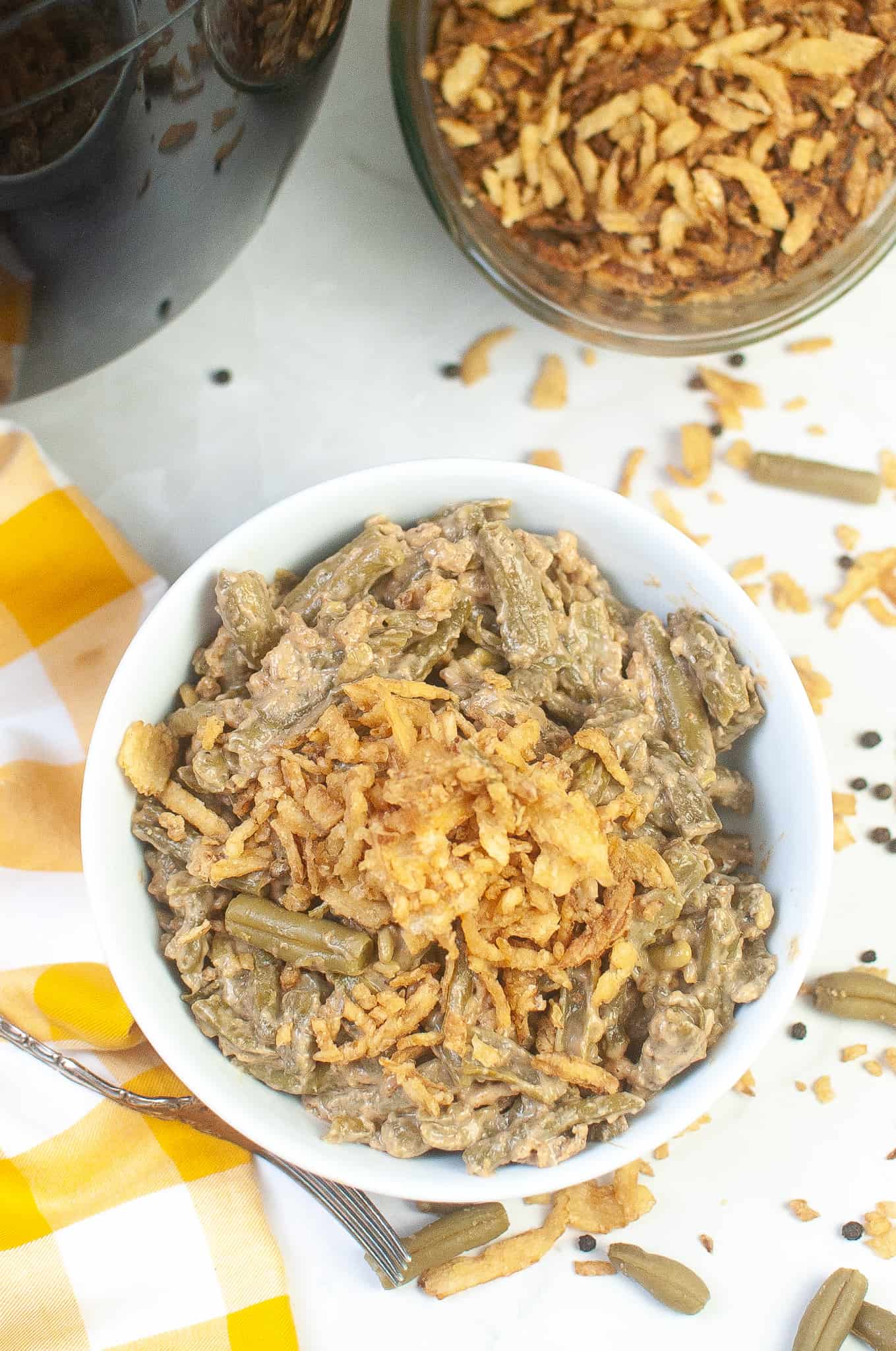 Overhead view of air fryer green bean casserole.