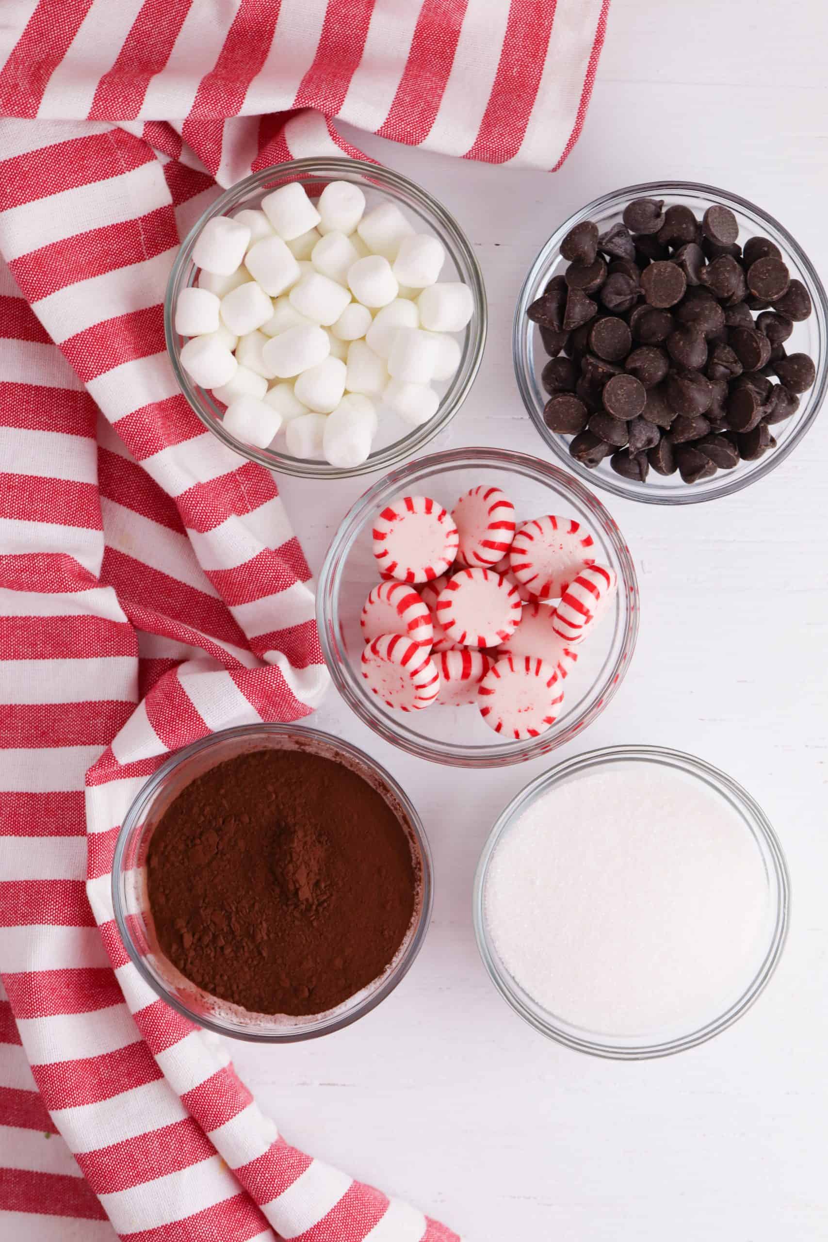 Overhead photo of Ingredients for Peppermint Hot Cocoa gift.