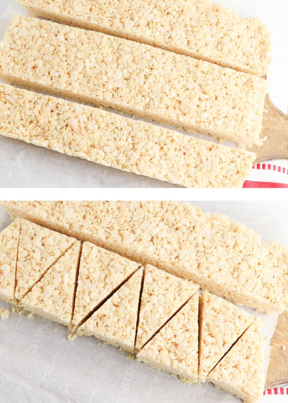 Rice Krispies treats cut into strips, then into triangles.