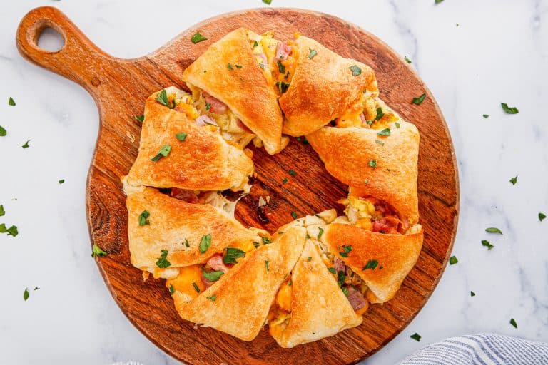 Overhead view of baked ham and cheese breakfast ring.