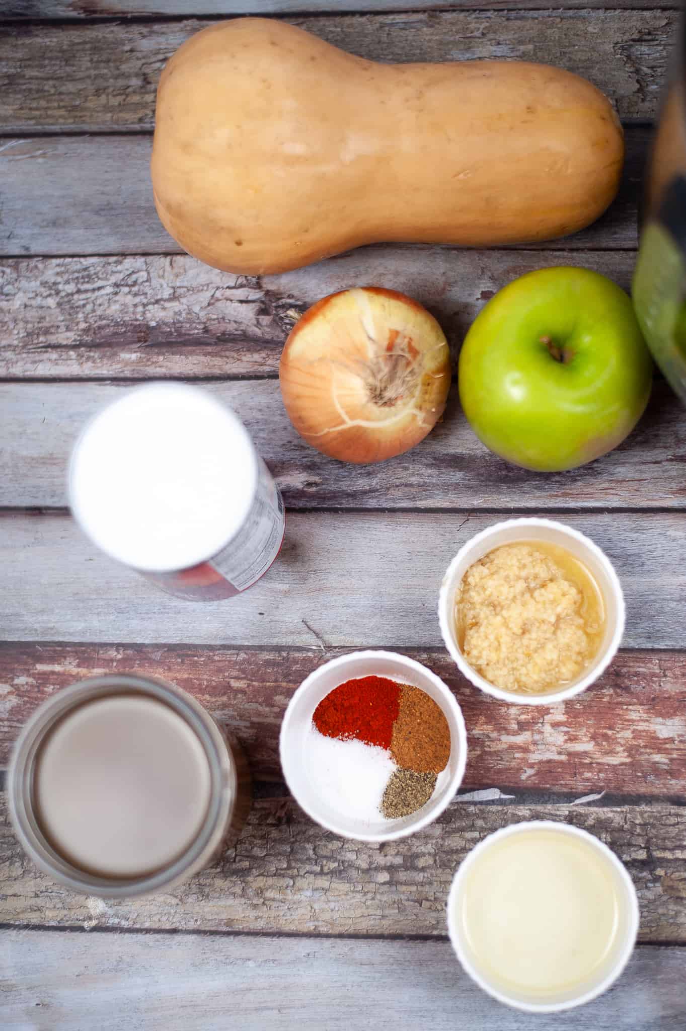 Overhead view of butternut squash ingredients.