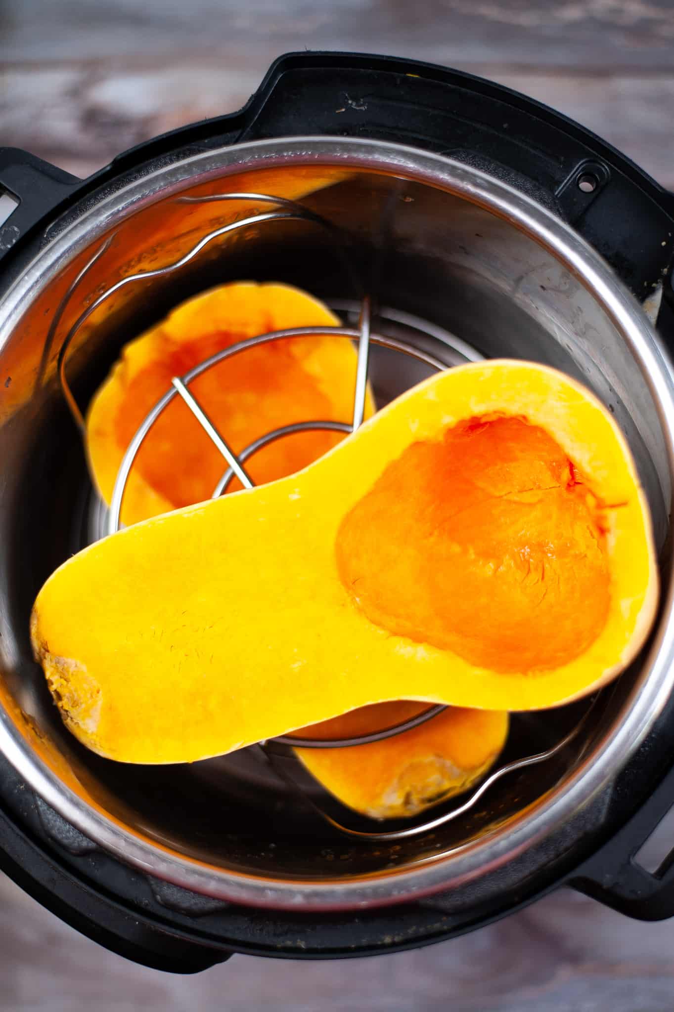 Overhead view of butternut squash in the Instant Pot.