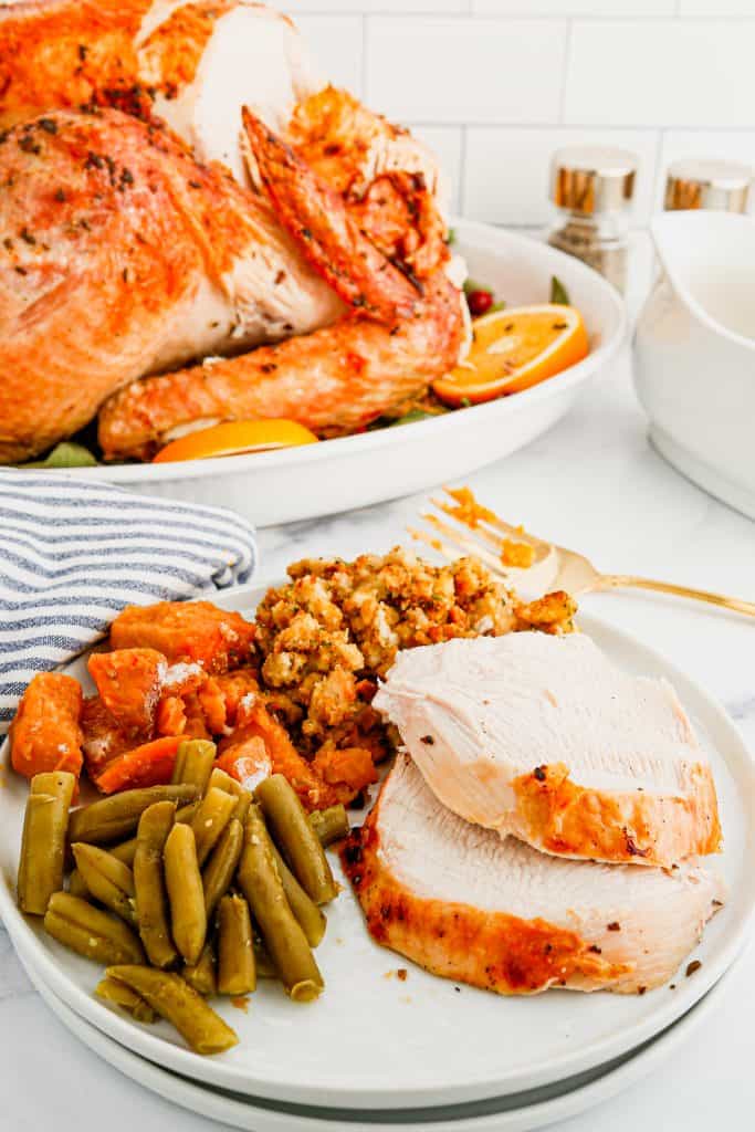 Turkey dinner on a plate.