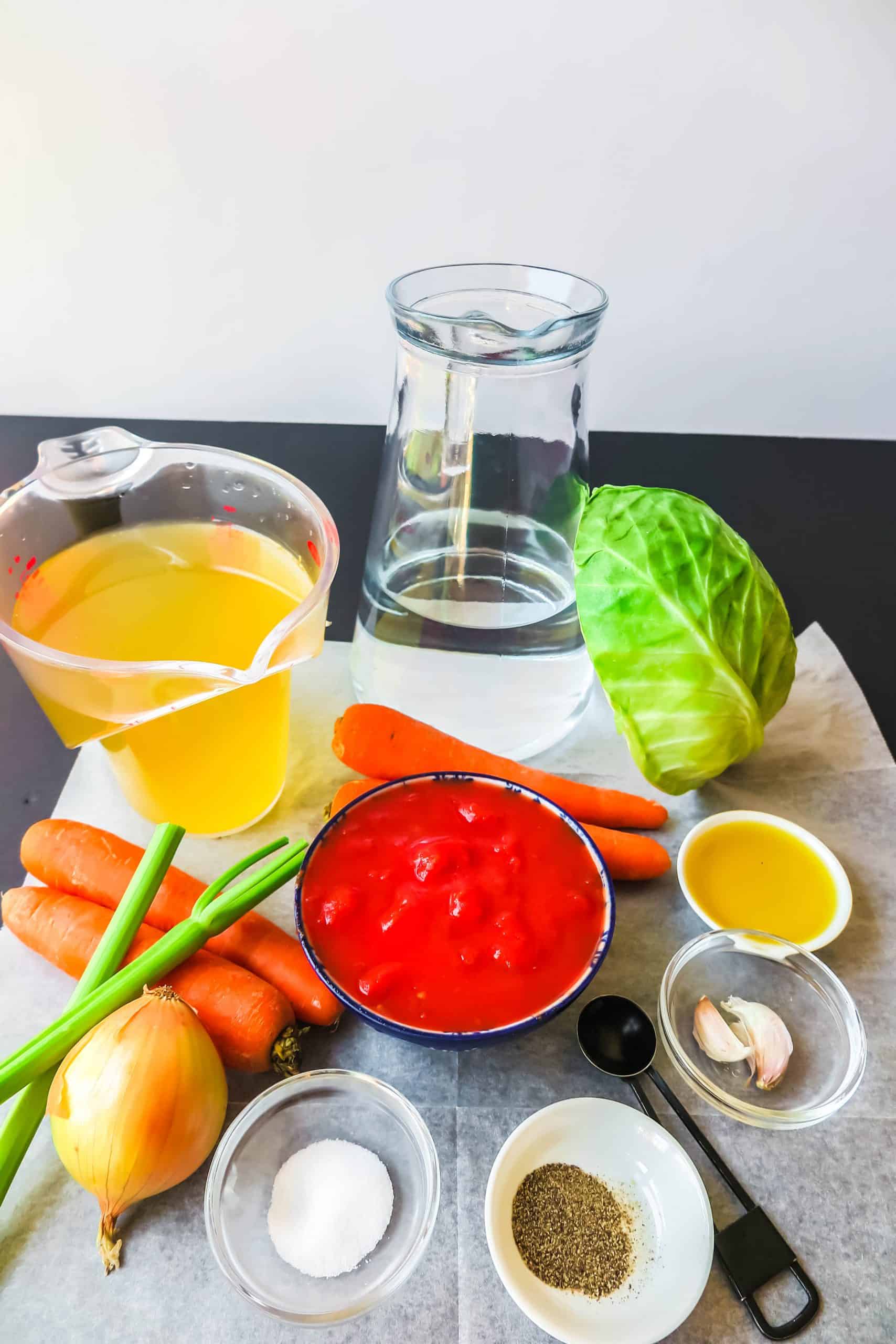 Cabbage soup ingredients.