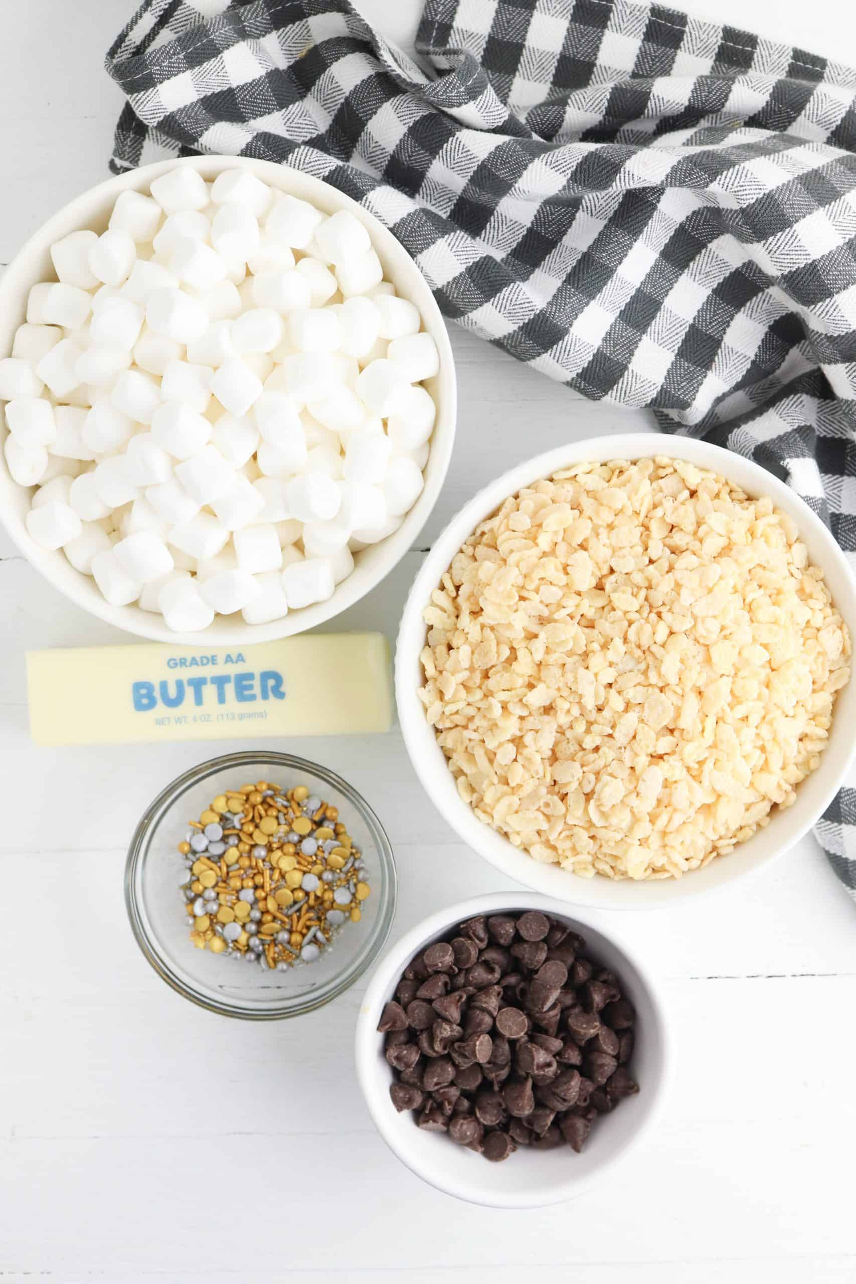 Overhead picture of ingredients for rice cereal snacks.