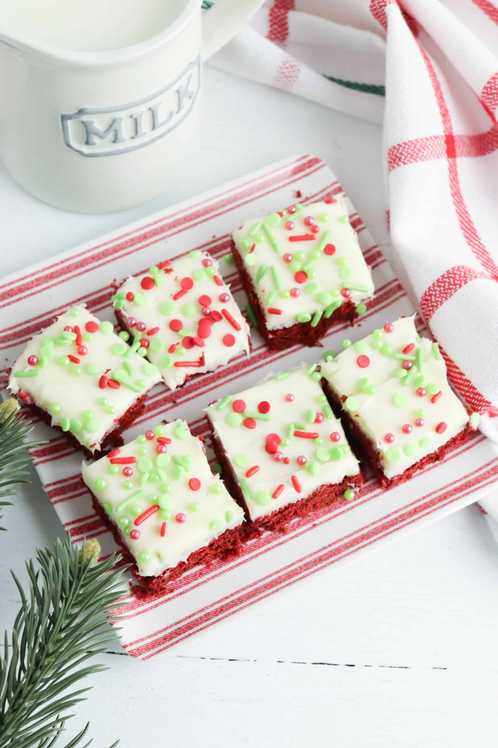 6 red velvet cake mix bars on a platter.