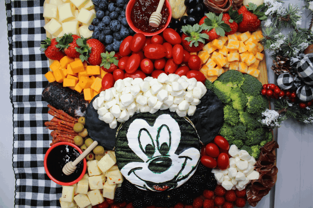 Overhead view of Santa Mickey Charcuterie Board.