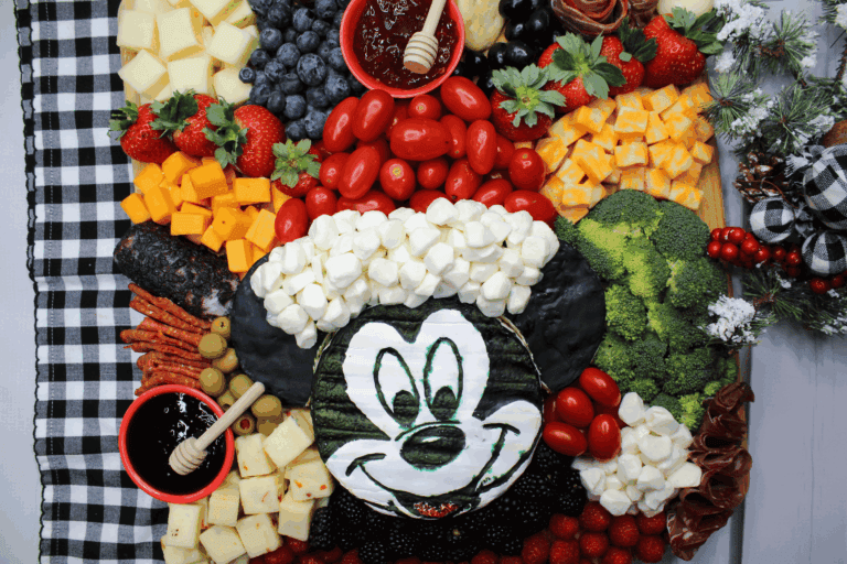 Overhead view of Santa Mickey Charcuterie Board.