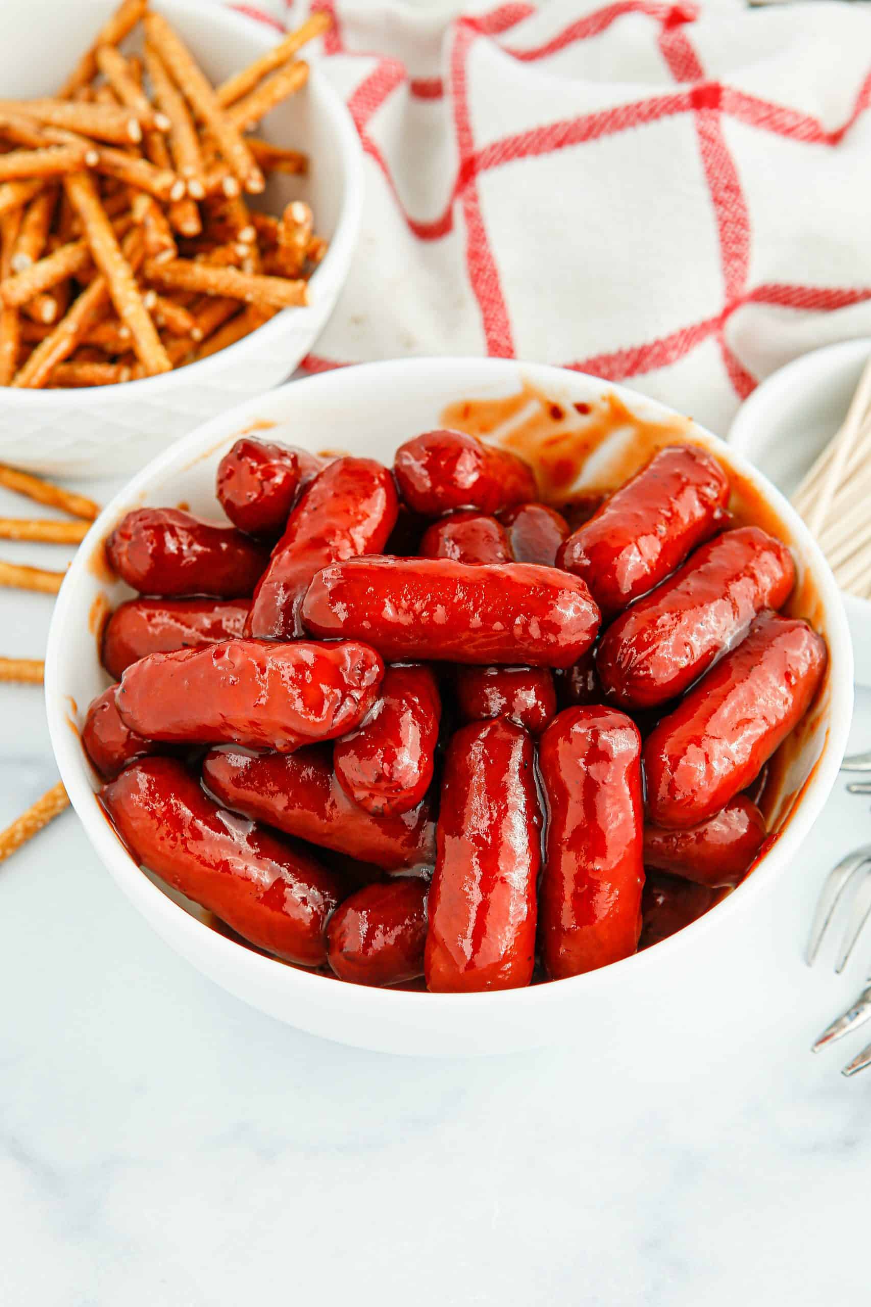 Maple BBQ Little Smokes in a white bowl.