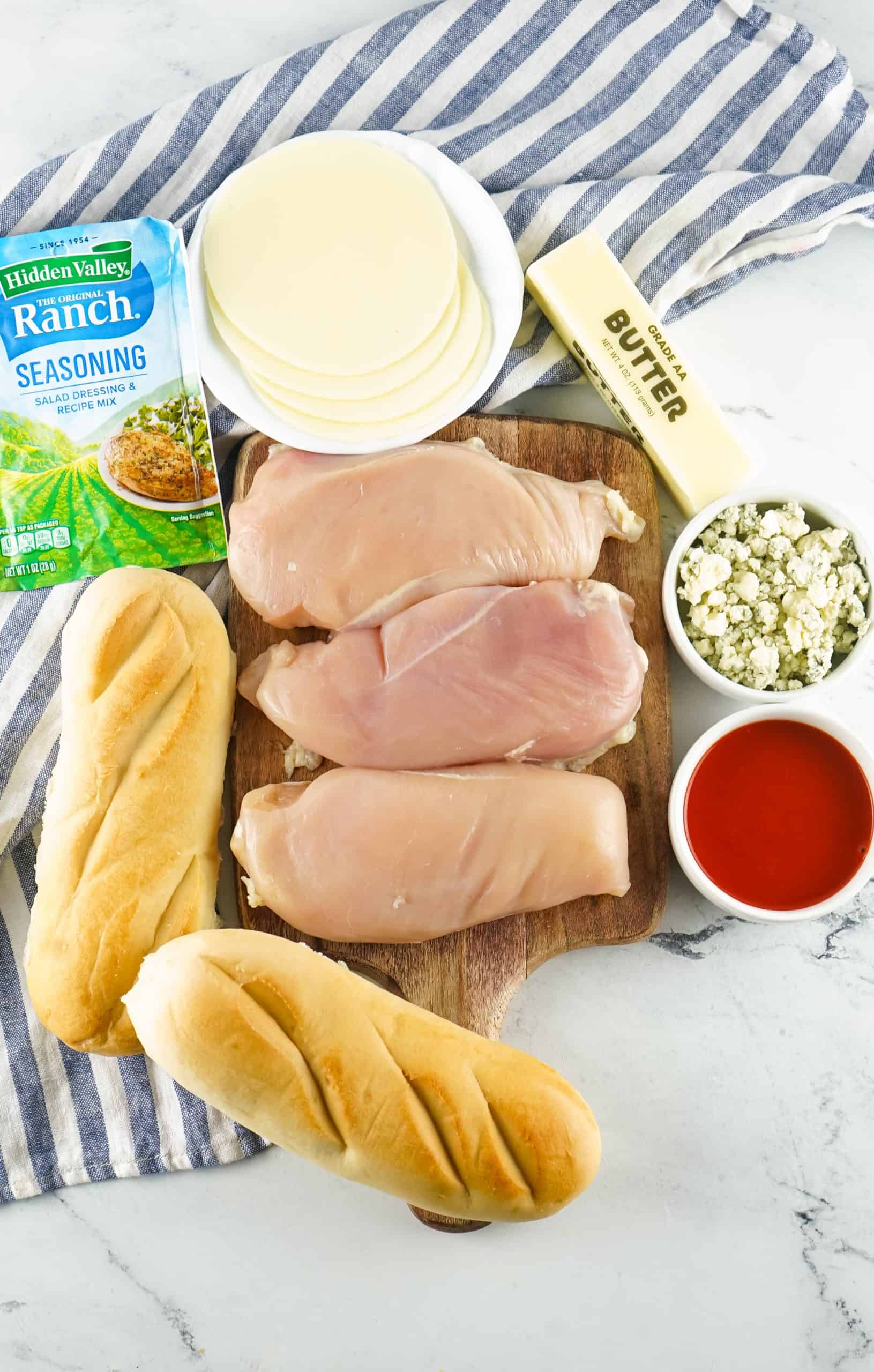 Ingredients for Buffalo Chicken Sandwiches.
