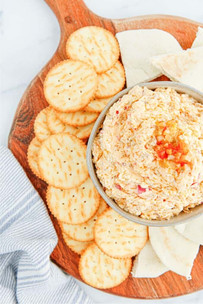 Giardiniera dip served with crackers - also works as a cream cheese spread for sandwiche