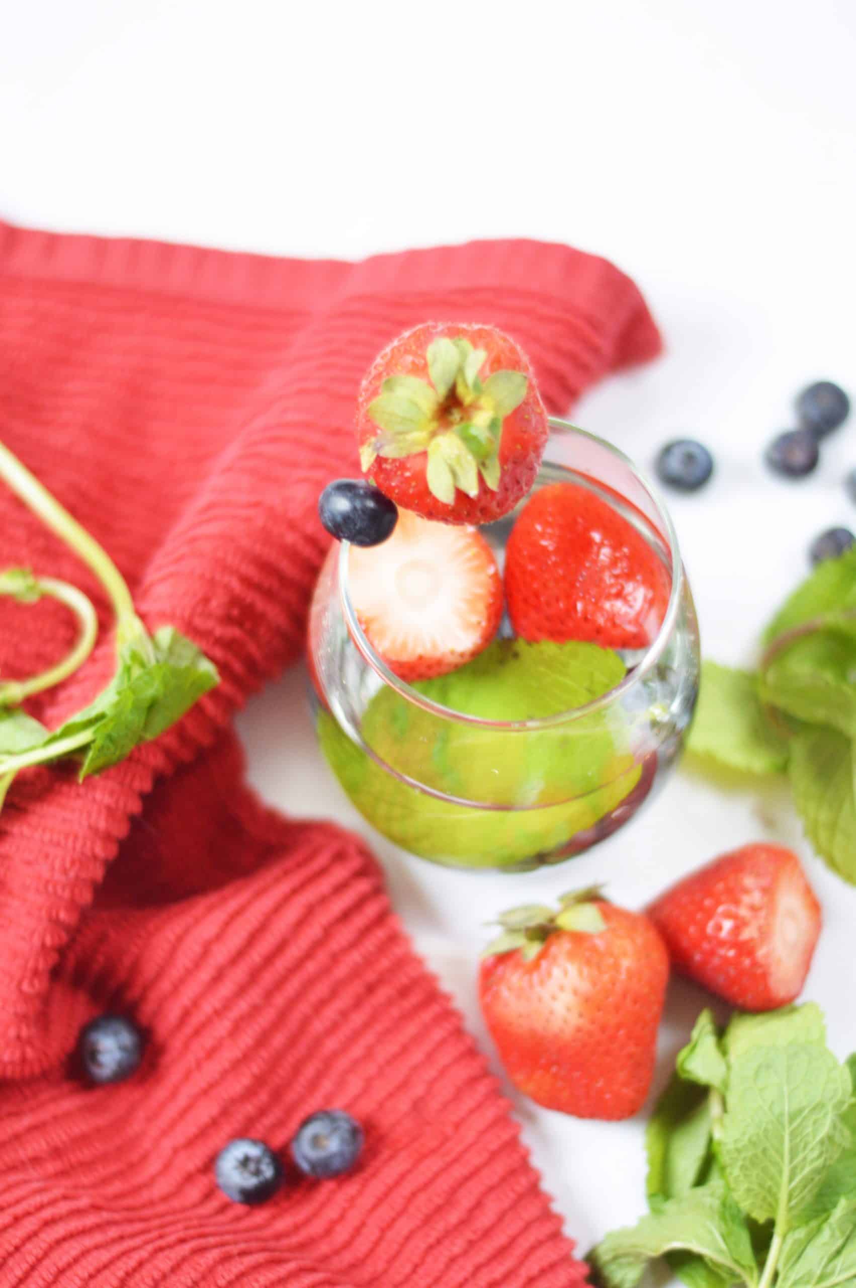 Overhead view of fruit infused water.