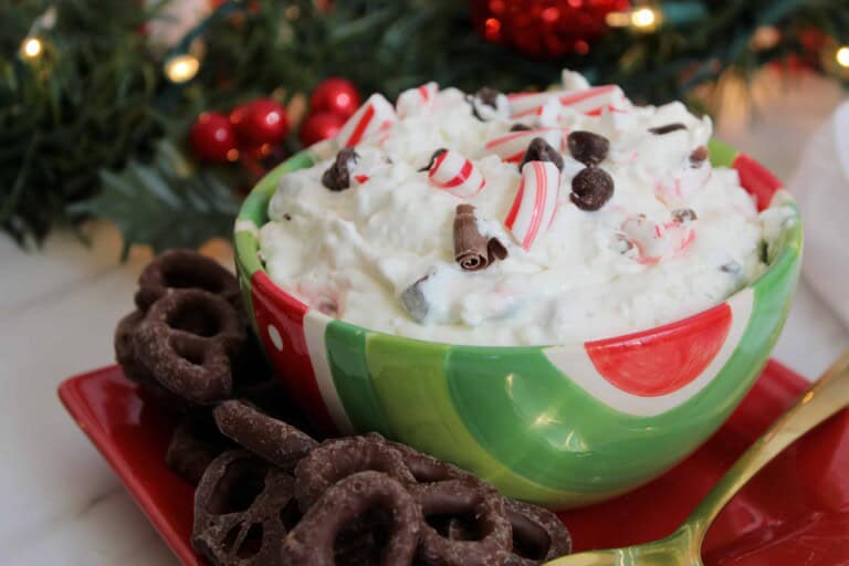 Horizontal view of peppermint bark cheesecake dip.