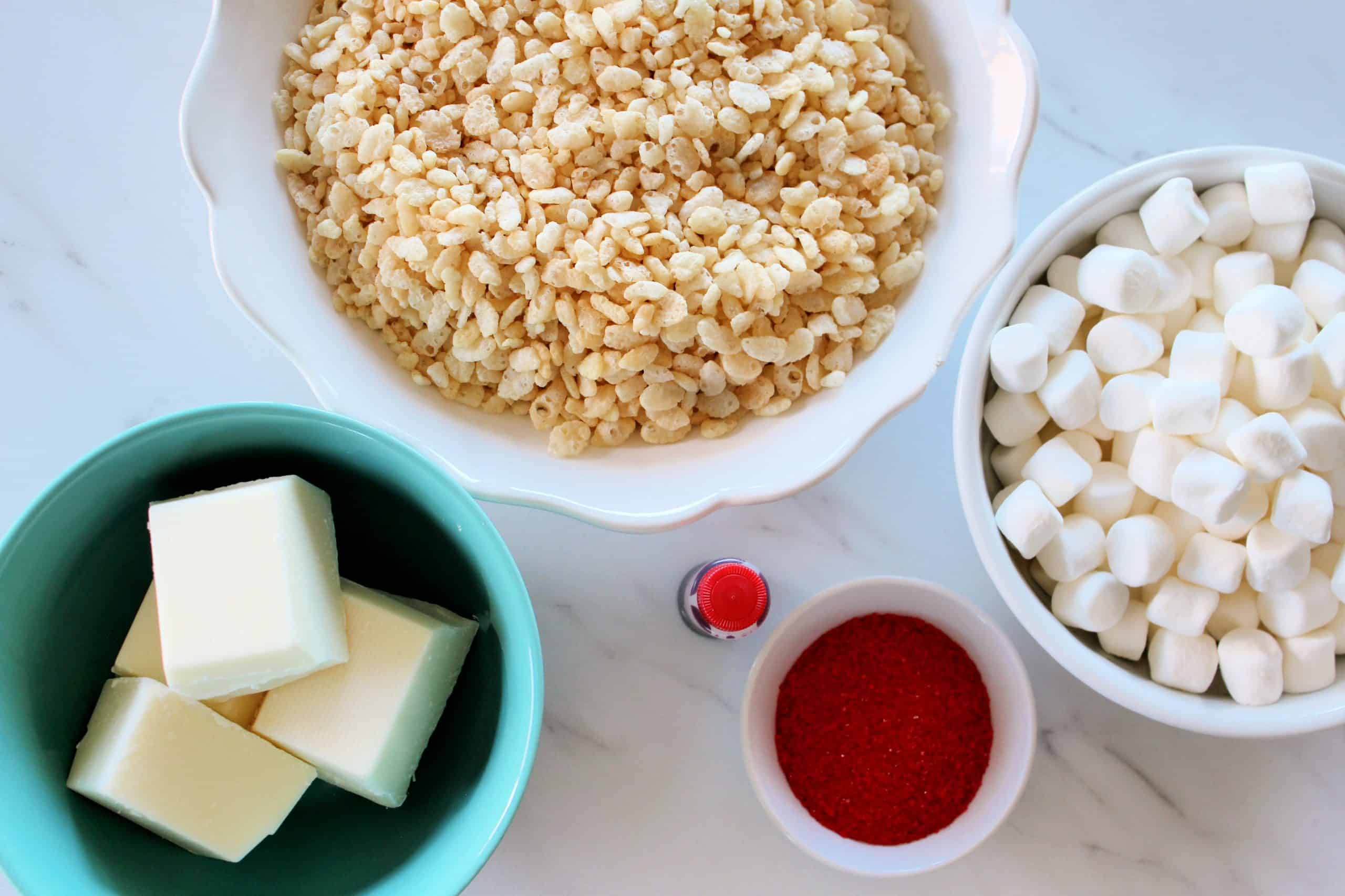 Overhead view of Ingredients for Valentine Rice Krispies Treats.