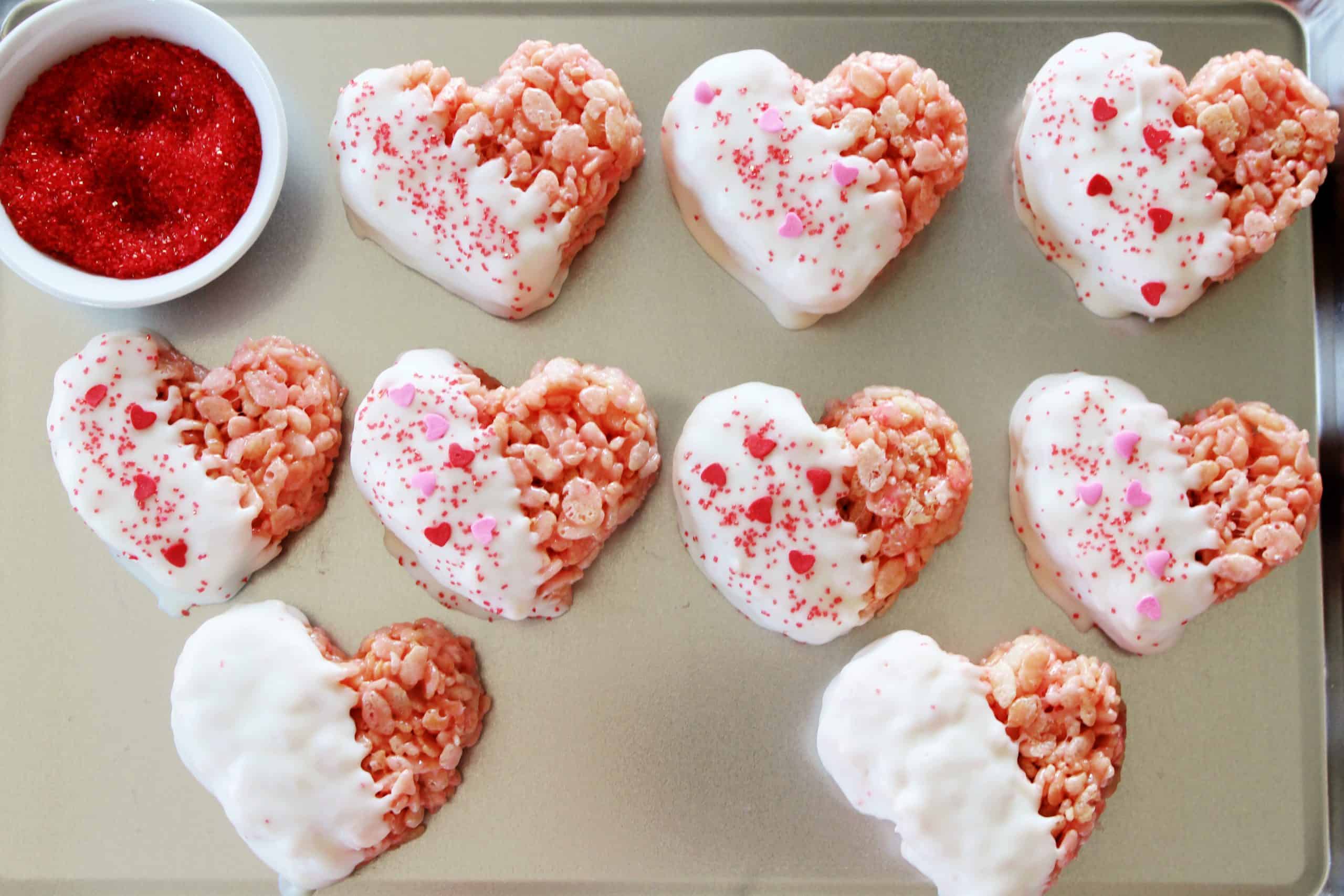 Overhead view of Heart-shaped Valentine Rice Krispie treats.