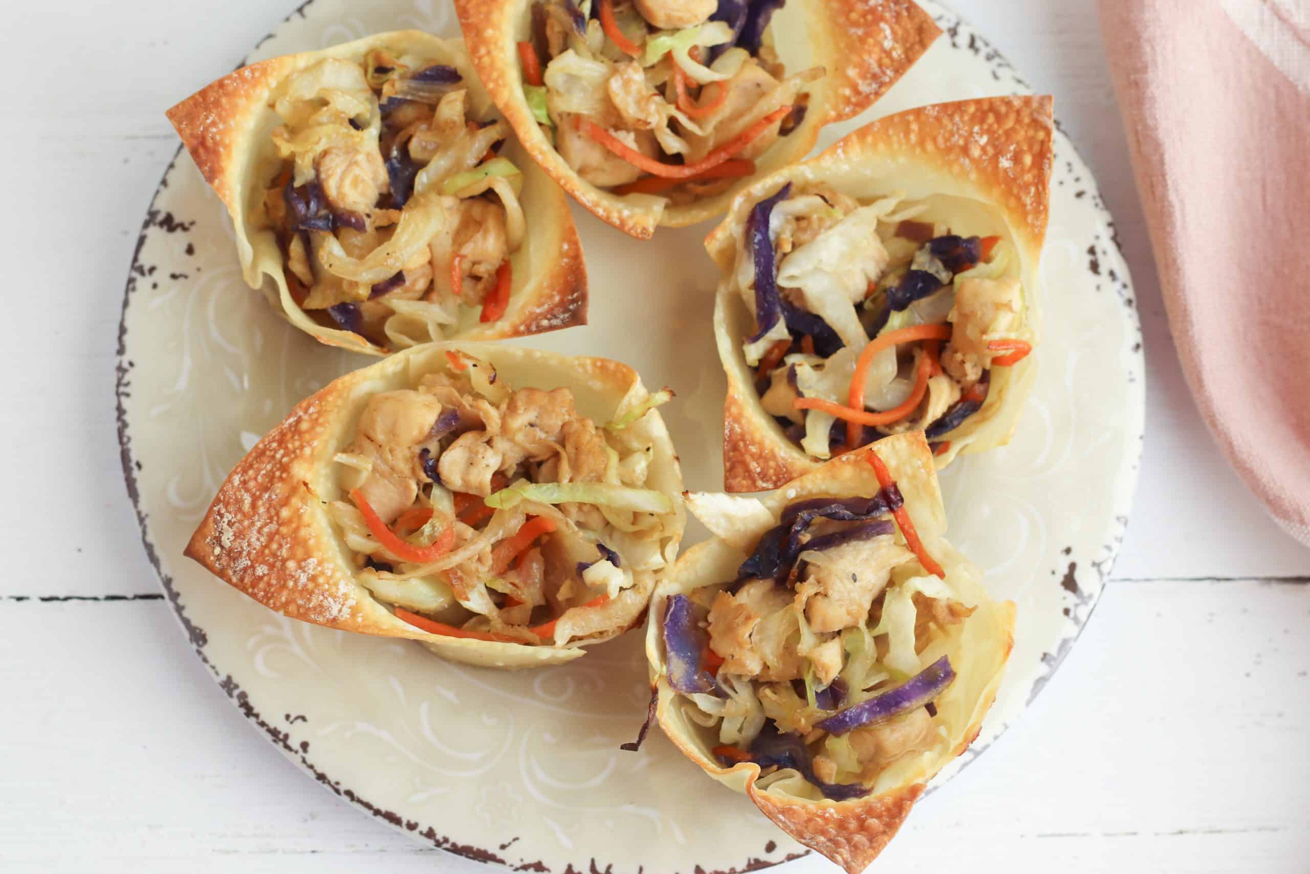 Overhead view of chicken egg roll cups