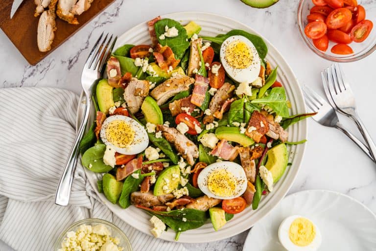 Overhead view of Chicken Cobb Salad.