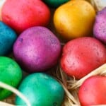 Overhead view of dyed Easter egg potatoes.