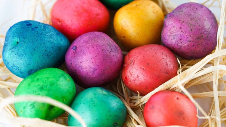 Overhead view of dyed Easter egg potatoes.
