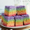 Headon photo of Rainbow Rice Krispies Treats.