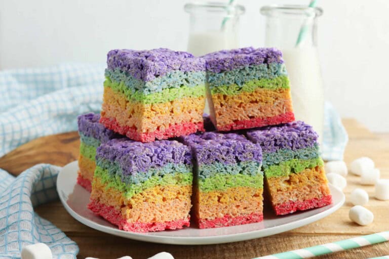 Headon photo of Rainbow Rice Krispies Treats.