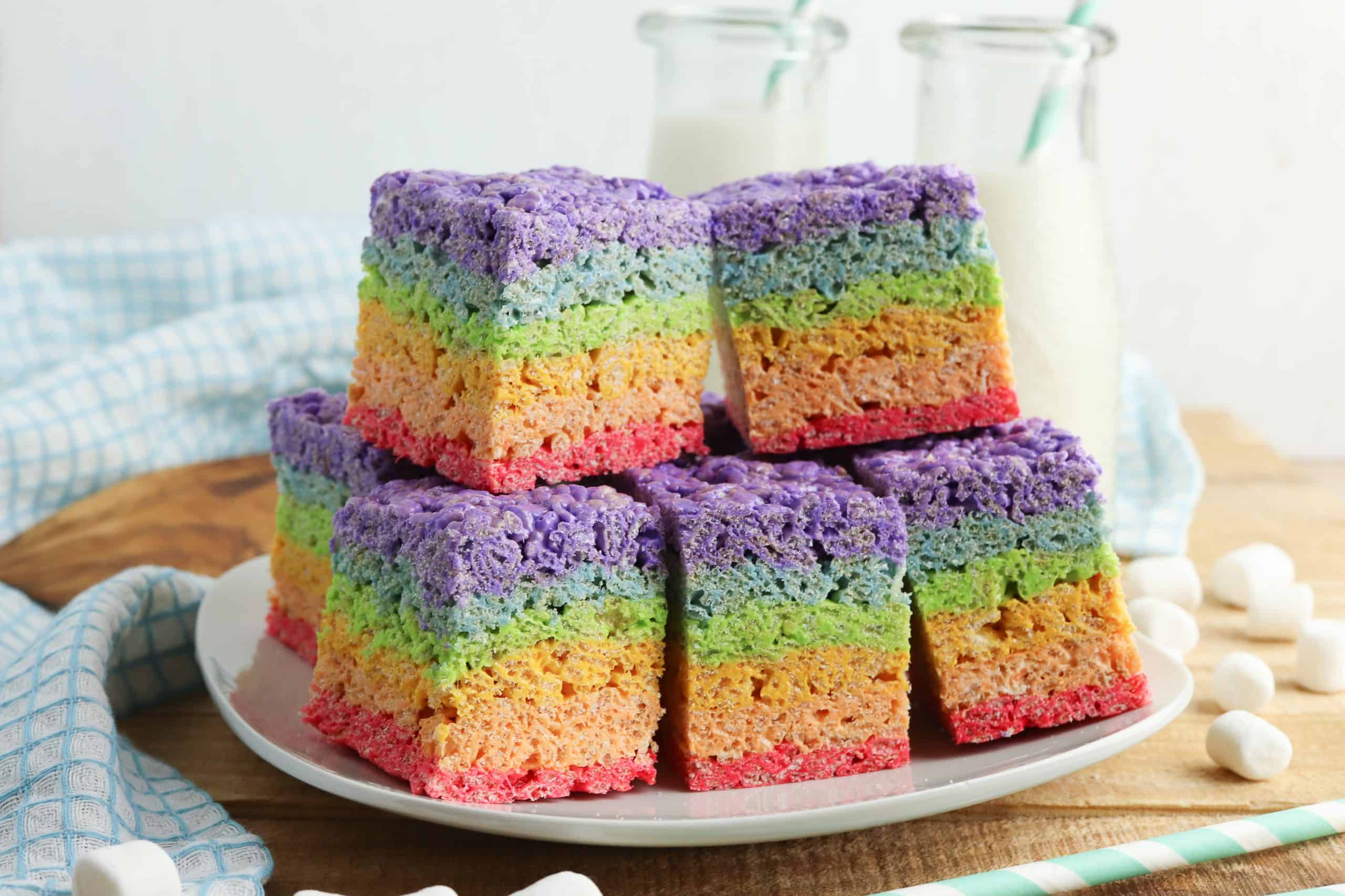 Headon photo of Rainbow Rice Krispies Treats.