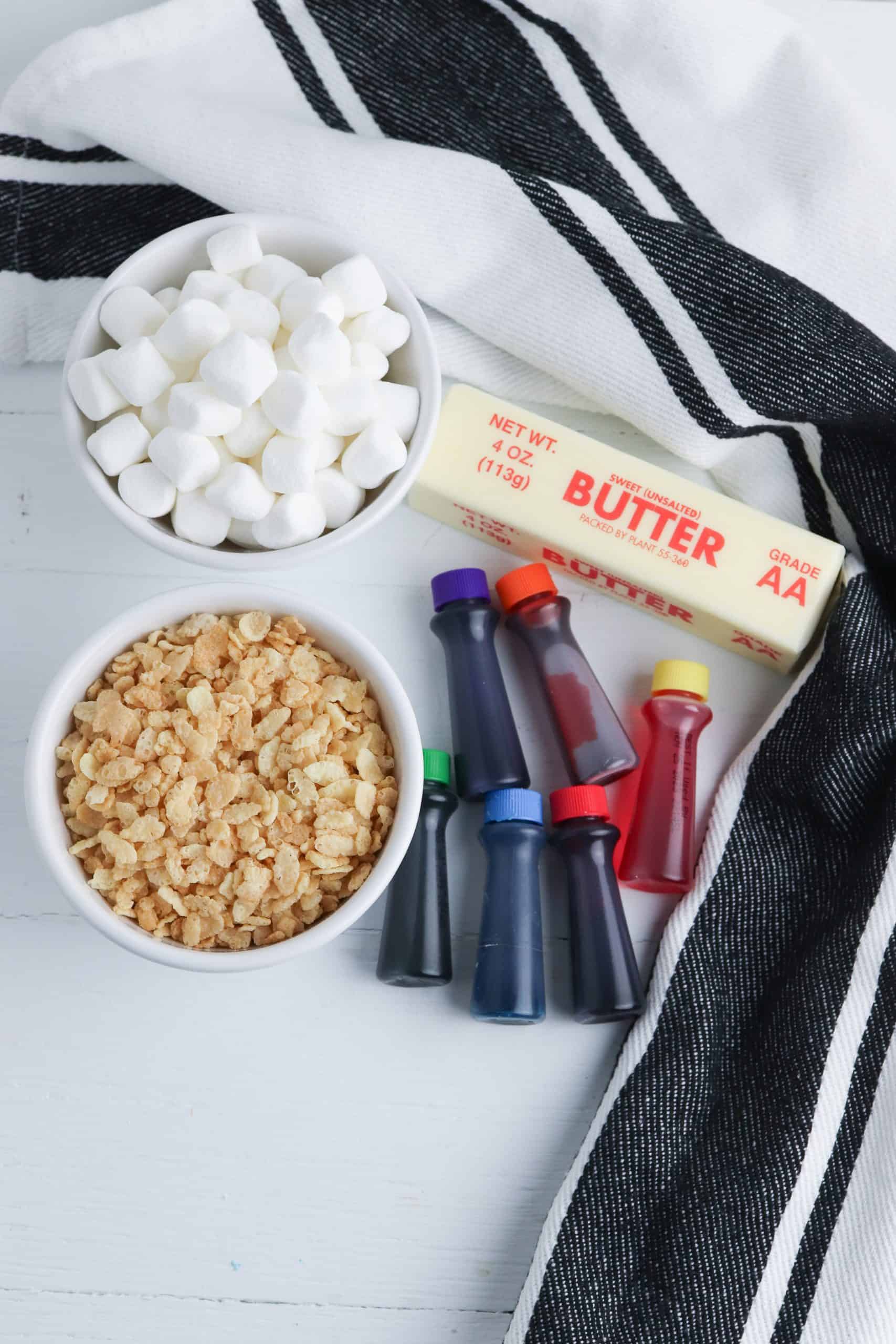 Overhead view of ingredients for Rainbow Rice Krispies Treats.