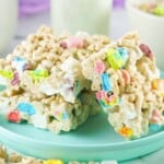 Lucky Charms Treats on a light teal plate.