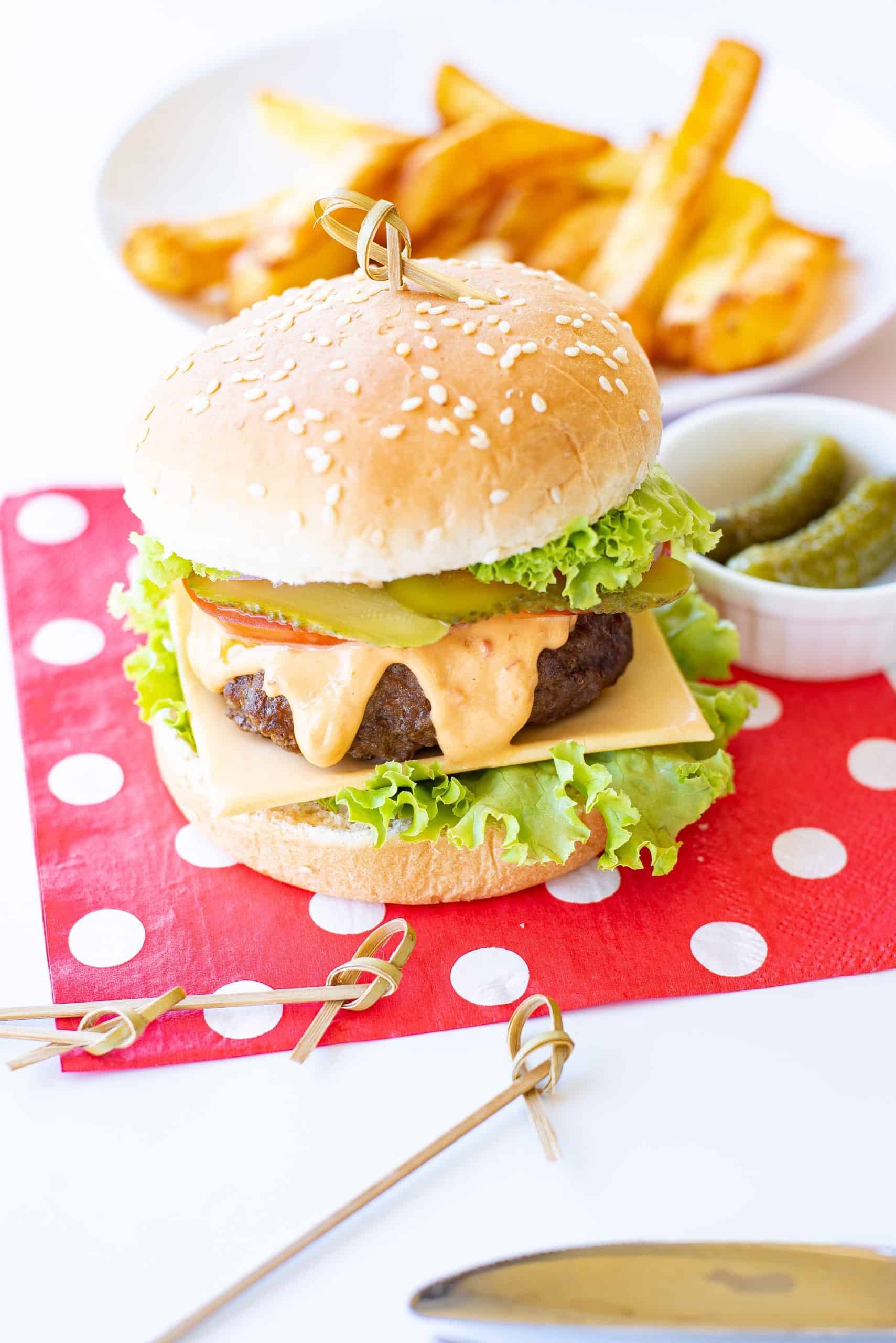 Air Fryer Cheeseburger with everything.