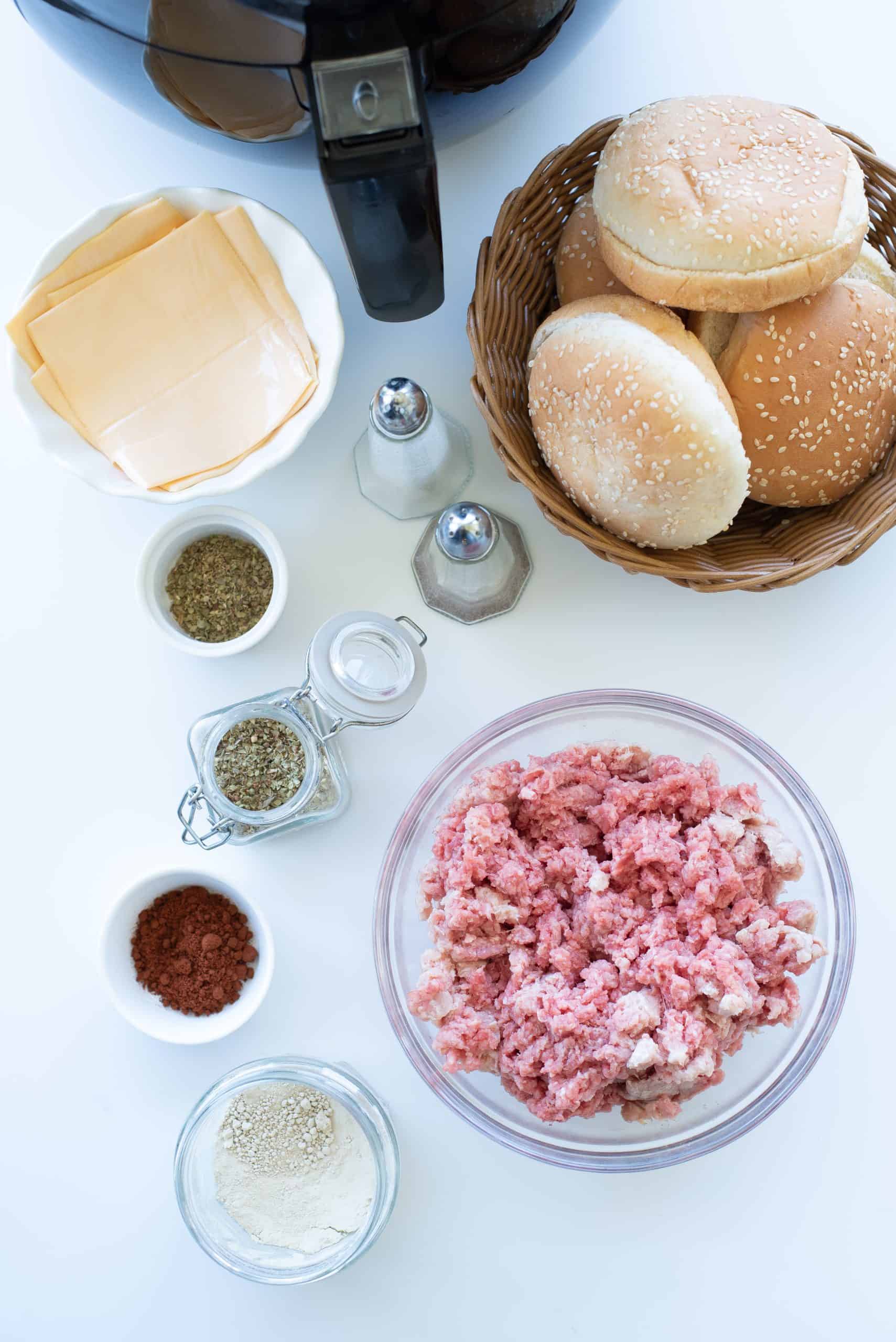 Overhead view of ingredients for air fryer hamburgers.