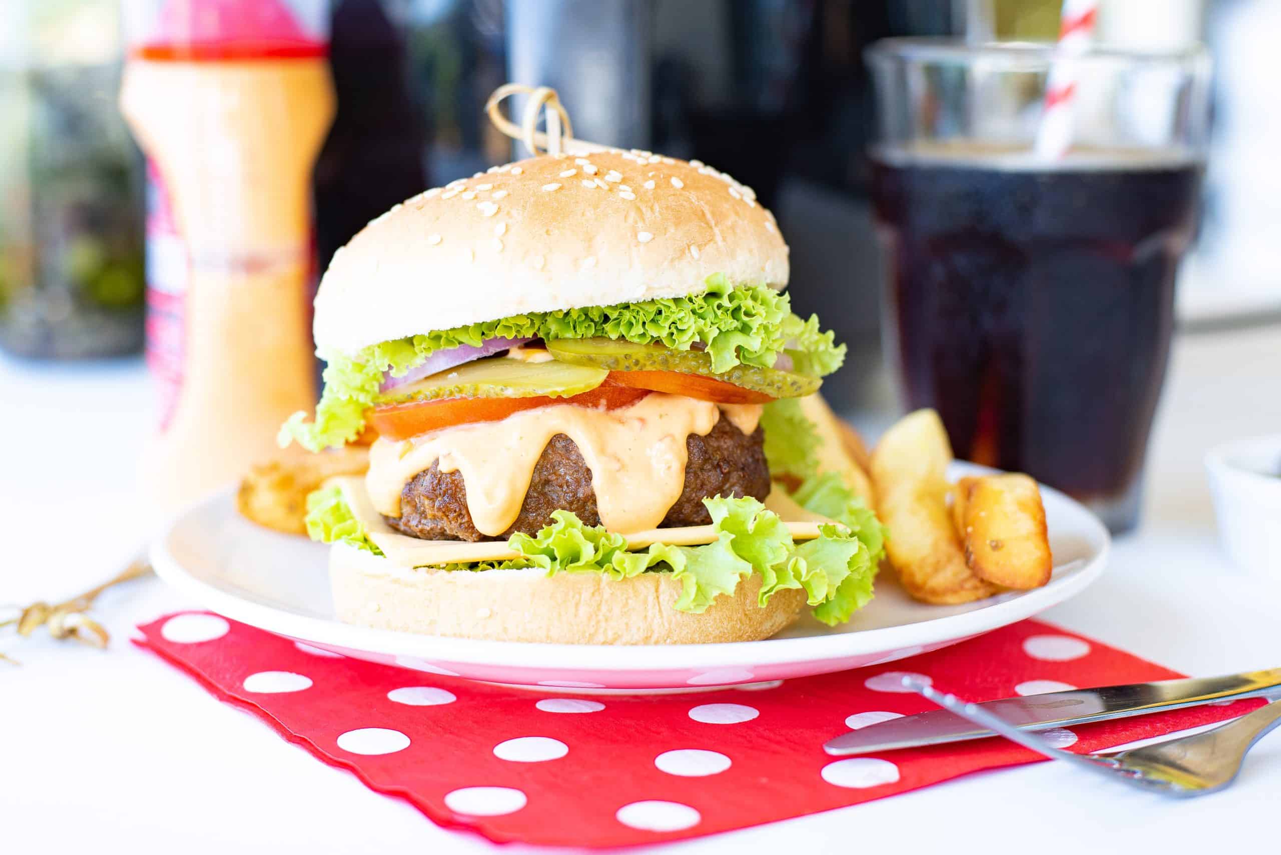Head on view of Air Fryer Hamburger with all of the fixings!
