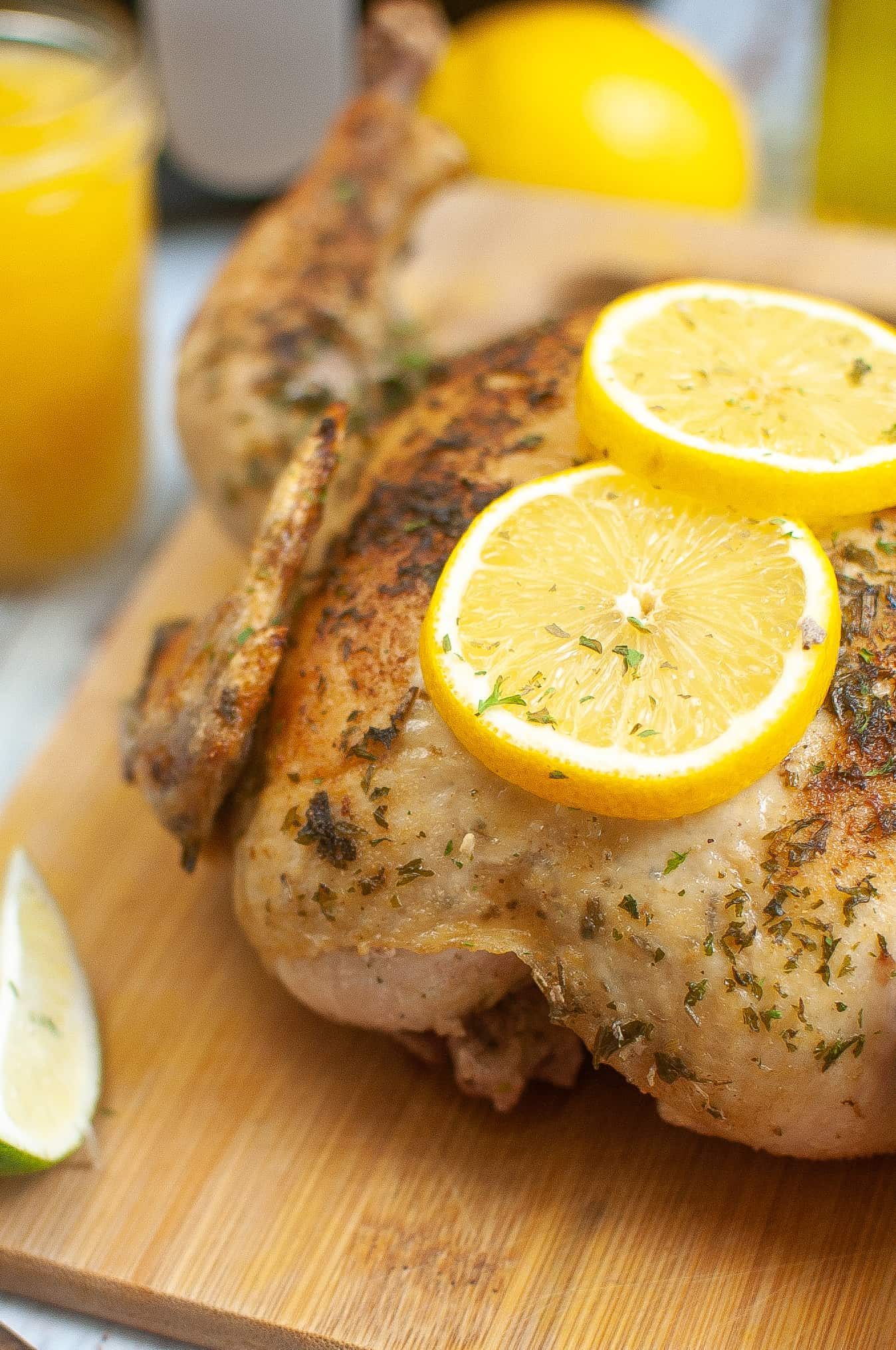 Closeup of whole chicken.