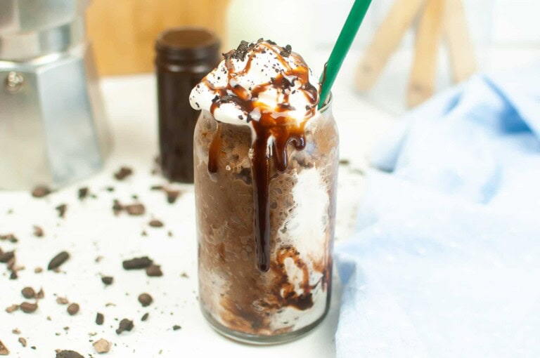 Headon view of frozen mocha coffee drink.