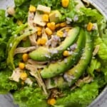 Ovehead view of Grilled Chicken Salad with Cilantro Dressing.