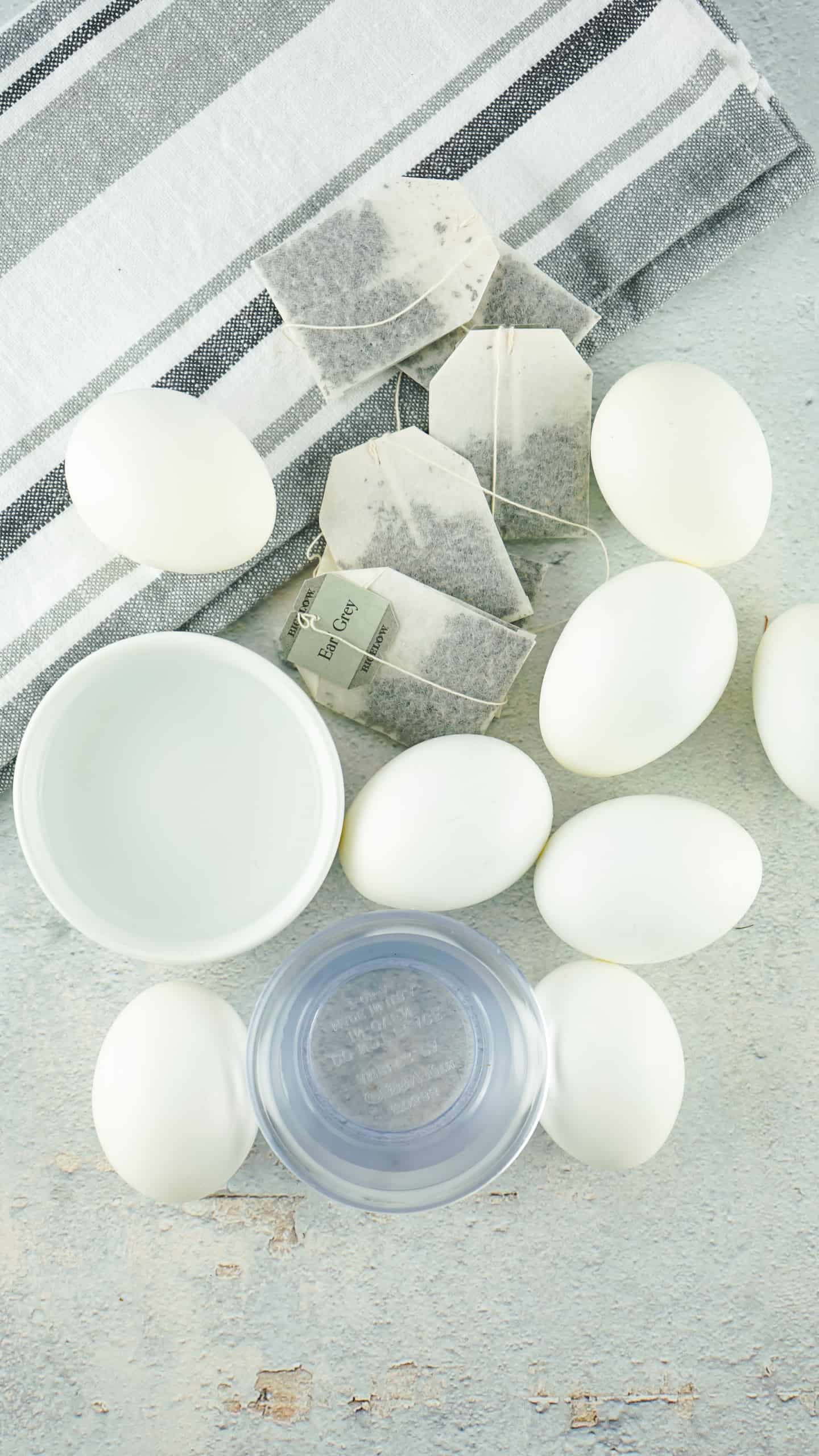 Overhead view of black tea dyed eggs.